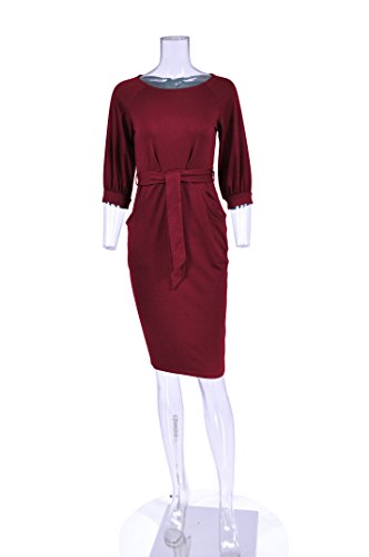 Longwu Mujer Elegante Manga De Soplo Usar para Trabajar Casual Vestido con cinturón Vino Rojo-S