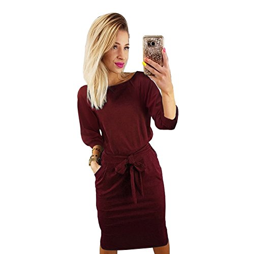 Longwu Mujer Elegante Manga De Soplo Usar para Trabajar Casual Vestido con cinturón Vino Rojo-S