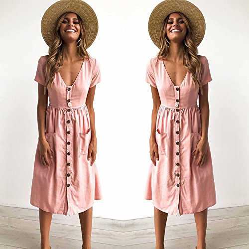Longwu Vestido a Media Pierna con Cuello en V y Manga Corta Casual con Cuello en V para Mujer y Bolsillos Women Dress Rosa S