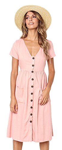 Longwu Vestido a Media Pierna con Cuello en V y Manga Corta Casual con Cuello en V para Mujer y Bolsillos Women Dress Rosa S