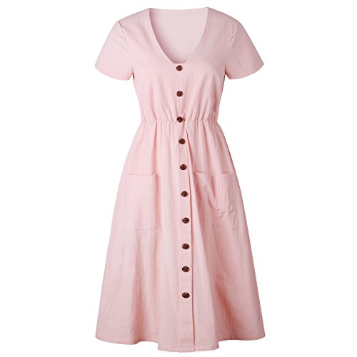 Longwu Vestido a Media Pierna con Cuello en V y Manga Corta Casual con Cuello en V para Mujer y Bolsillos Women Dress Rosa S
