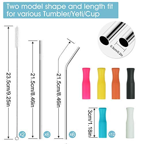 longzon 12pcs Pajitas Reutilizables Pajitas de Acero Inoxidable de 8.5 pulgadas, Pajitas Metalicas con 2 cepillitos,12 pcs boquillas de silicona y bolsita,sin BPA para Bebidas - 6 Rectas,6 curvados