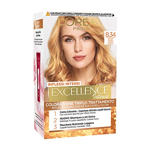 L'Oréal Paris Excellence Creme, tinte colorante con triple tratamiento avanzado, cubre los cabellos blancos 8.34 Biondo Chiaro Dorato Ramato