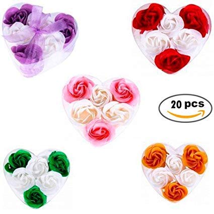 Lote de 20 Estuches con 6 Flores de jabón presentadas en Estuche corazón con Lazo - Detalles de Bodas, Comuniones Invitados