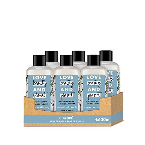 Love Beauty and Planet Champú Volumen y abundancia, Agua de Coco y Flor de Mimosa Vegano - Pack de 6 x 100 ml (Total: 600 ml)