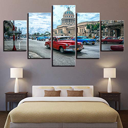 Loveygg Cuadros En Lienzo Arte De La Pared Habana Cuba Ciudad del Coche Pinturas sobre Lienzo Imprimir Escena Moderna Decoración para El Hogar Marcos para Sala De Estar 5 Piezas,150x80cm