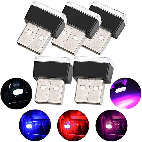 Luces de ambiente LED para automóvil, 5 piezas de iluminación USB Ambiente de luz Set Decoración interior para automóvil (5 colores, rojo/azul/rosa/blanco/azul hielo)
