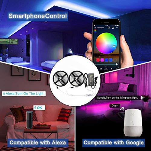 Luces de tira LED, RGB WiFi Control remoto inalámbrico Kit de luz de tira Control de voz 32.8 pies Resistente al agua Compatible con Amazon Alexa y Google Assistant para Home Party Club Shopping Mall