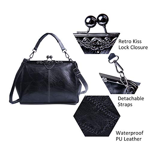 LUI SUI Bolso Retro de Mujer, Monedero de Cuero de PU Bolso de asa Superior Vintage Bolso de Hombro Crossbody Kiss Lock para Damas