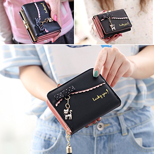 LUI SUI Las Mujeres de la PU de Cuero Billetera Gato Lindo Animal Organizador de Tarjeta Titular pequeño Monedero de la Borla de la Cremallera para Damas y niñas