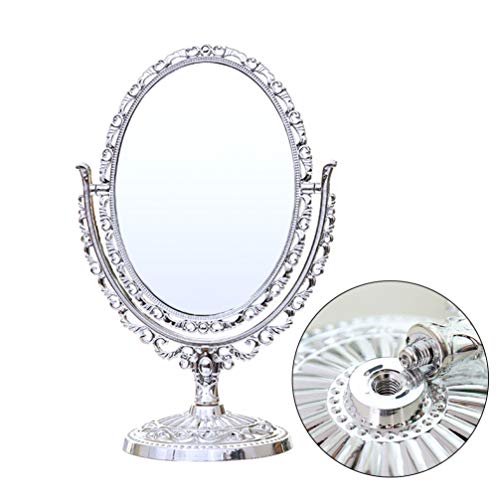 Lurrose Espejo de Maquillaje de Escritorio Espejo Cosmético Retro Espejo de Vanidad Tallado Redondo Espejo Cosmético Casero Flor Hueca Delicada Espejo de Pedestal Brillante
