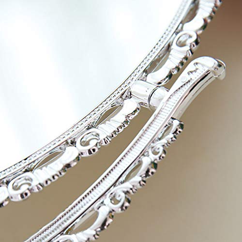 Lurrose Espejo de Maquillaje de Escritorio Espejo Cosmético Retro Espejo de Vanidad Tallado Redondo Espejo Cosmético Casero Flor Hueca Delicada Espejo de Pedestal Brillante