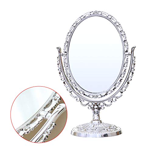 Lurrose Espejo de Maquillaje de Escritorio Espejo Cosmético Retro Espejo de Vanidad Tallado Redondo Espejo Cosmético Casero Flor Hueca Delicada Espejo de Pedestal Brillante