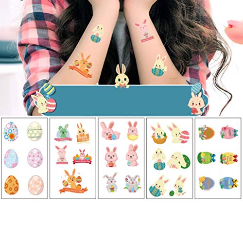 Lurrose Pascua Tatuaje Temporal Tatuaje de Dibujos Animados Pegatinas Conejo Huevo Calcomanías para Niños Niños Mujeres Niñas 20 Hojas