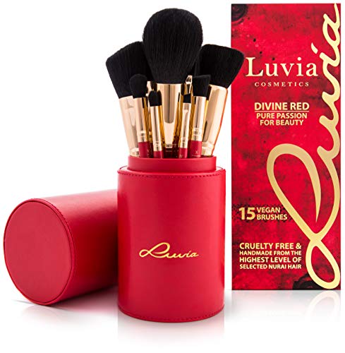 Luvia Cosmetics - Juego de pinceles Divine Red - 16 piezas Juego de pinceles cosméticos - Soporte de pinceles de maquillaje incluido para la conservación de pinceles de maquillaje veganos