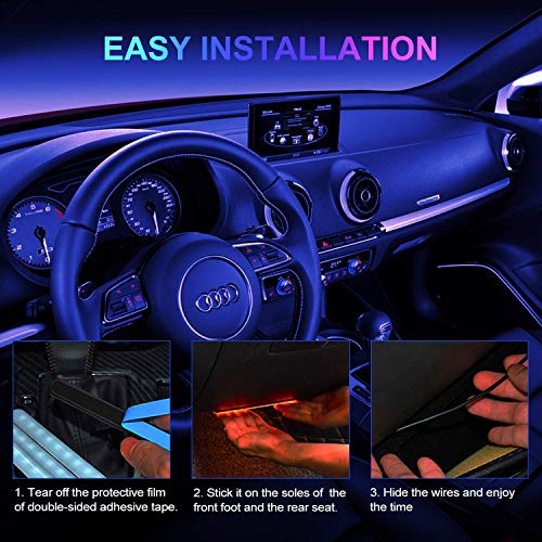 Luz LED de ambiente de coche Luz Interior Coche con APP, Zorara 4pcs 48LED Luces led decoracion Modo de parpadeo Ajustar brillo de la luz controlar el sonido cambiar colores libremente Control de la