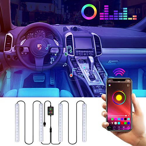 Luz LED de ambiente de coche Luz Interior Coche con APP, Zorara 4pcs 48LED Luces led decoracion Modo de parpadeo Ajustar brillo de la luz controlar el sonido cambiar colores libremente Control de la