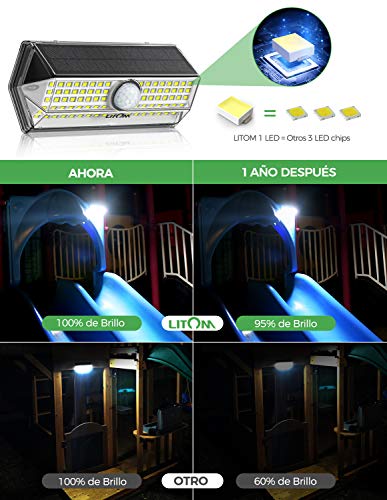 Luz Solar Exterior【Súper Brillante 4 Modos】con Sensor de Movimiento, LITOM Focos LED Exterior, IP67 Impermeable 100LEDs Luces Solares Luz Solar Jardín