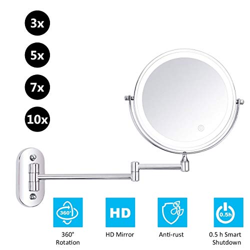 LXXTI Espejo de Maquillaje LED montado en la Pared con Luces Regulables Pantalla táctil de Espejo de baño de Acero Inoxidable con Lupa, Pilas AAA de Doble Fuente,7X
