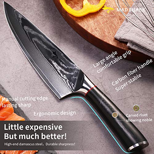 MAD SHARK Cuchillo de Chef Damasco- Cuchillos de Cocina Pro Cuchillo de Chef de 8 Pulgadas, Mango Ergonómico de la Mejor Calidad, Navaja Afilada, la Mejor Opción para Cocina Casera y Restaurante