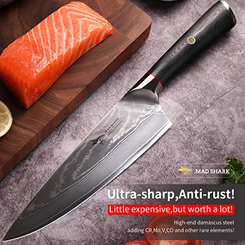 MAD SHARK Cuchillo de Chef Damasco- Cuchillos de Cocina Pro Cuchillo de Chef de 8 Pulgadas, Mango Ergonómico de la Mejor Calidad, Navaja Afilada, la Mejor Opción para Cocina Casera y Restaurante