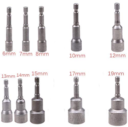 Malayas Juego de 10 piezas de Tuercas Magnéticas, Llaves de Vaso Hexagonales, Adaptador Magnético de Brocas de 6-19mm, de 1/4 Pulgada para Hexágono/ Atornillador/ Taladro