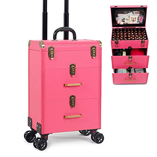 Maletín de Cosméticos con Cerradura,Maletín de Cosméticos uñas,Trolley Maletín Profesional Maleta con 4 Ruedas para PeluquerosPink A