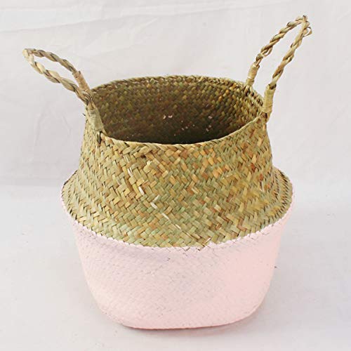 Mallalah Cesta de Almacenamiento Cesta de Mimbre de Flor Cesta de Lavandería Plegable Trenzada Suciedad en Mango de Pasto Marino 3 Tamaños para Elegir (rosa, M)