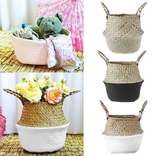 Mallalah Cesta de Almacenamiento Cesta de Mimbre de Flor Cesta de Lavandería Plegable Trenzada Suciedad en Mango de Pasto Marino 3 Tamaños para Elegir (rosa, M)