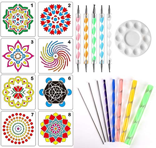Mandala Rock Dotting Tools Juego de herramientas de pintura artística, plantillas de mandala, bandeja de pintura, 8 varillas de acrílico, 5 lápices de doble cara para pintar uñas, dibujar, B
