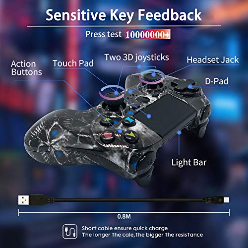 Mandos PS4 Inalambricos, Controlador PS4 Inalámbrico Dual Shock Gamepad de Doble Vibración SIX-AXIS con Touch Pad y Conector de Audio para PlayStation 4 / PS3 / PC (Cráneo Negro)