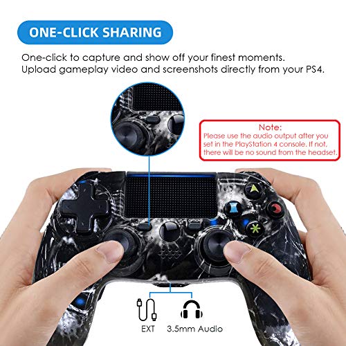 Mandos PS4 Inalambricos, Controlador PS4 Inalámbrico Dual Shock Gamepad de Doble Vibración SIX-AXIS con Touch Pad y Conector de Audio para PlayStation 4 / PS3 / PC (Cráneo Negro)
