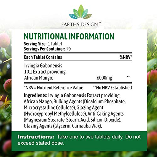 Mango Africano - 6000mg - Suplemento de Máxima Concentración de Mango Verde - African Mango - Para Hombres y Mujeres - Apto Para Vegetarianos - 90 Pastillas (Suministro Para 3 Meses) de Earths Design