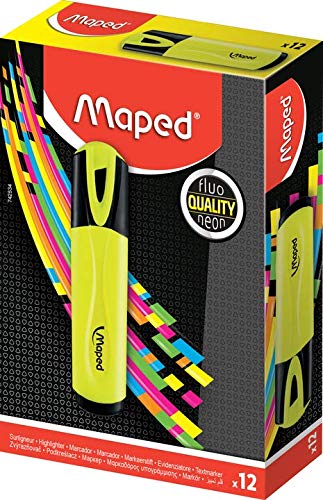 Maped – Caja de 12 rotuladores fluorescentes fluorescentes clásicos, color amarillo – colores brillantes para resaltar tus escritos – Punta biselada para hacer trazos de 1 a 5 mm