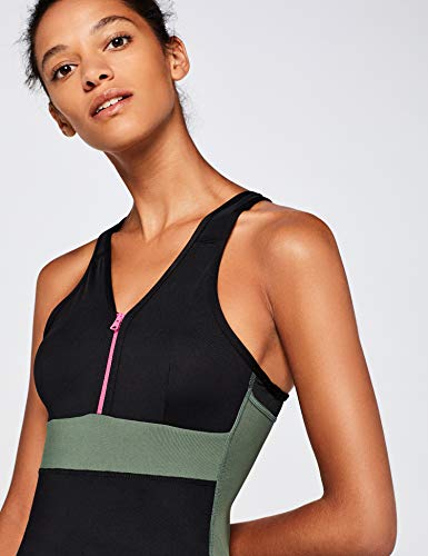 Marca Amazon - AURIQUE Bañador con Cremallera Mujer, Negro (Khaki/black/fuchsia), XL, Label:XL