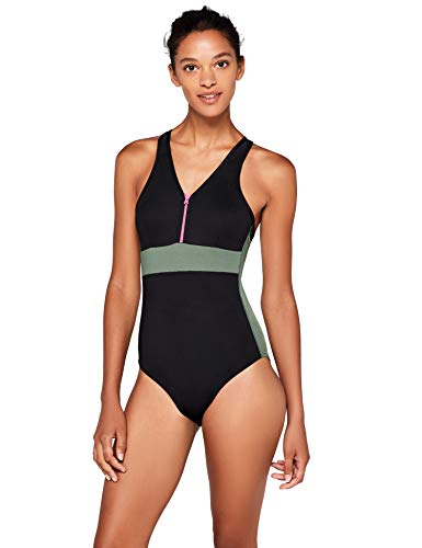 Marca Amazon - AURIQUE Bañador con Cremallera Mujer, Negro (Khaki/black/fuchsia), XL, Label:XL