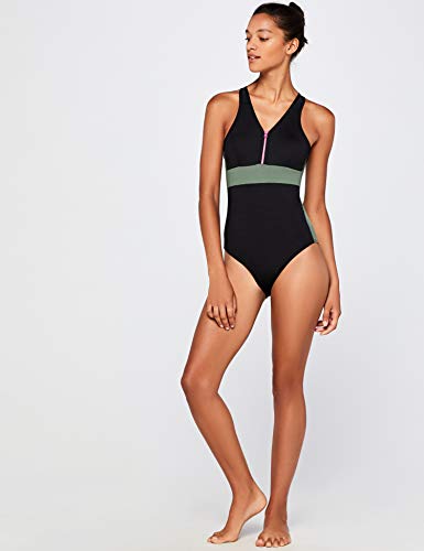 Marca Amazon - AURIQUE Bañador con Cremallera Mujer, Negro (Khaki/black/fuchsia), XL, Label:XL