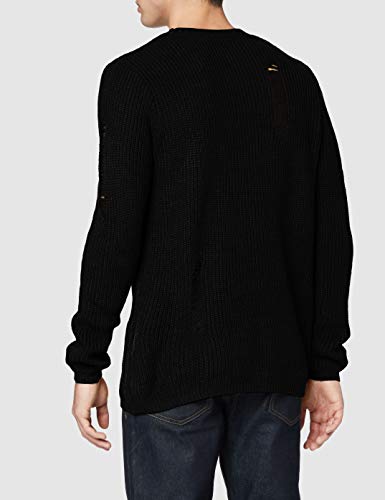 Marca Amazon - find. Jersey de Punto con Detalles Desgastados para Hombre, Negro (Schwarz), S, Label: S