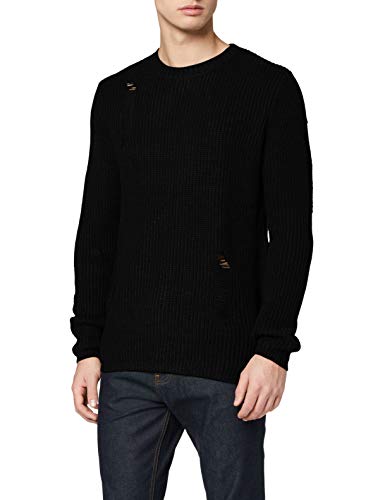 Marca Amazon - find. Jersey de Punto con Detalles Desgastados para Hombre, Negro (Schwarz), S, Label: S