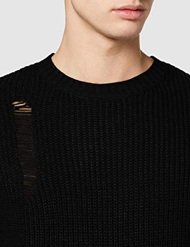 Marca Amazon - find. Jersey de Punto con Detalles Desgastados para Hombre, Negro (Schwarz), S, Label: S