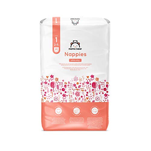 Marca Amazon - Mama Bear Pañales ultra-secos - Talla 1 (2-5 kg) - Con canales - 96 pañales (2 bolsas x 48) - Nueva versión