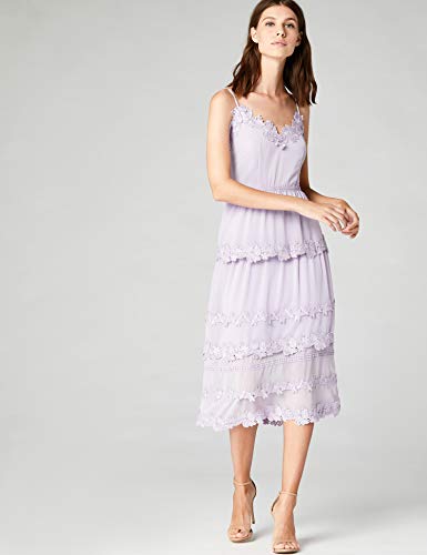 Marca Amazon - TRUTH & FABLE Vestido midi de gasa con bordado floral para mujer, Morado (Lilac), 44, Label: XL