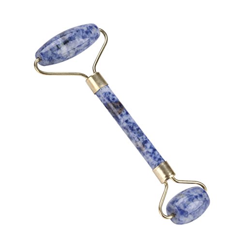 Masajeador Facial Rodillo de Jade Natural Anti-Envejecimiento de cara cuello y ojo con Doble Cabezas Rollo Masaje de Belleza Herramienta(Azul)