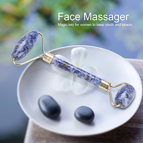 Masajeador Facial Rodillo de Jade Natural Anti-Envejecimiento de cara cuello y ojo con Doble Cabezas Rollo Masaje de Belleza Herramienta(Azul)
