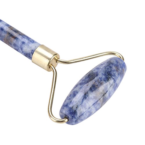 Masajeador Facial Rodillo de Jade Natural Anti-Envejecimiento de cara cuello y ojo con Doble Cabezas Rollo Masaje de Belleza Herramienta(Azul)