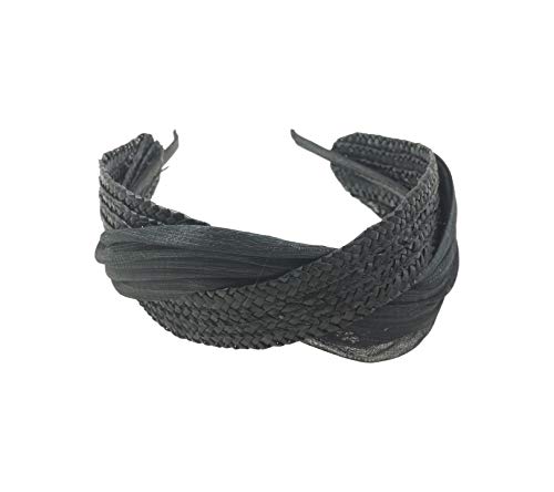 Masario Tocado Diadema de Paja Trenzada y Abaca Modelo Camille Abaca. Color Natural. 6 cm de ancho y 36 cm de largo. 1 ud. (Negro, 6 cm de ancho y 36 cm de largo aprox.)