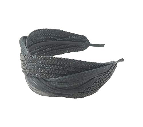 Masario Tocado Diadema de Paja Trenzada y Abaca Modelo Camille Abaca. Color Natural. 6 cm de ancho y 36 cm de largo. 1 ud. (Negro, 6 cm de ancho y 36 cm de largo aprox.)