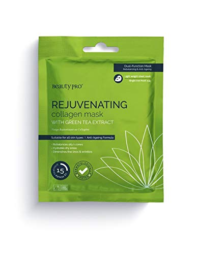 Máscara facial Rejuvenating de hoja de colágeno con extracto de té verde (23 g) rejuvenece y reafirma la piel, de BeautyPro.