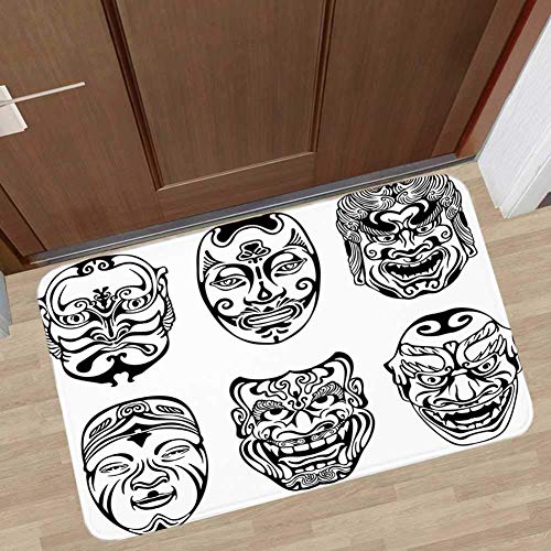 Máscara Kabuki Decoración Alfombrilla para Puerta Delantera, Máscaras teatrales japonesas Nogaku Emoción Expresión Cultura Alfombrilla Decorativa para Alfombrilla de baño Interior o Exterior
