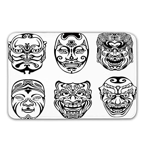 Máscara Kabuki Decoración Alfombrilla para Puerta Delantera, Máscaras teatrales japonesas Nogaku Emoción Expresión Cultura Alfombrilla Decorativa para Alfombrilla de baño Interior o Exterior